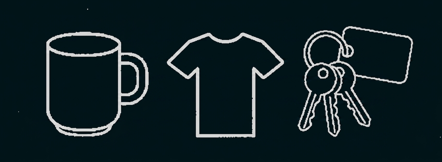 Drei einfache Symbole: Kaffeetasse, T‑Shirt und Schlüsselbund mit Anhänger.